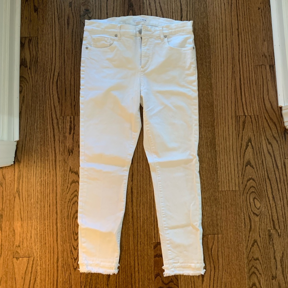 Loft White Skinny Jeans with Frayed Bottoms